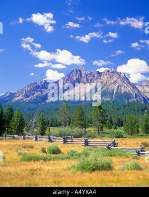 Palo recinzione in un prato Stanley bacino sottostante le montagne a dente di sega Sawtooth National Recreation Area Idaho USA Foto Stock