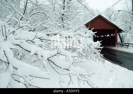 Una tempesta di neve invernale esegue il dump di diversi pollici / quasi un piede di neve su un rosso ponte coperto in New Jersey negli Stati Uniti Foto Stock