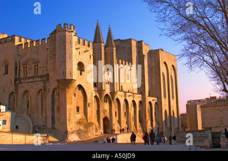 Il palazzo papale ad Avignone con persone che camminano nella piazza, Vaucluse, Rhone, Provenza, Francia Foto Stock