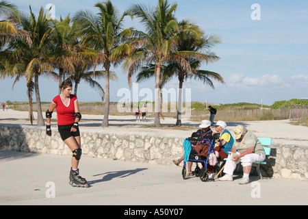 Miami Beach Florida,Ocean Drive,Lummus Park,anziani anziani anziani anziani pensionati pensionati anziani pensionati anziani,donne,panca,rollerblader,palma t Foto Stock