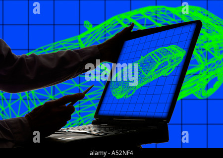 Progettista di automobili studiare 3D filo cornice immagine sul monitor del computer Foto Stock