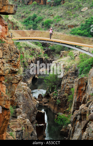 Turistico a piedi ponte sul fiume Treur, Bourke's Luck buche, Mpumalanga, Sud Africa Foto Stock