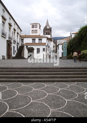 Funchal, centro città, decorate pavimentazione in ciottoli Foto Stock