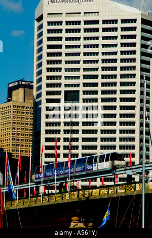 Treno monorotaia sopraelevata sulla via contro backround skyline di Sydney Australia Foto Stock