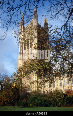 Le Case del Parlamento con Victoria Torre visto da Victoria Gardens London SW1 Inghilterra UK Europa Foto Stock