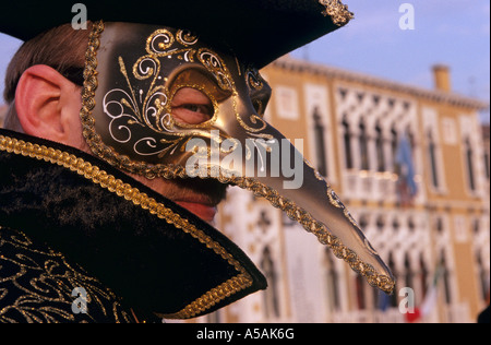 Uomo che indossa la maschera di becco a Carnevale veneziano, Venezia, Italia Foto Stock