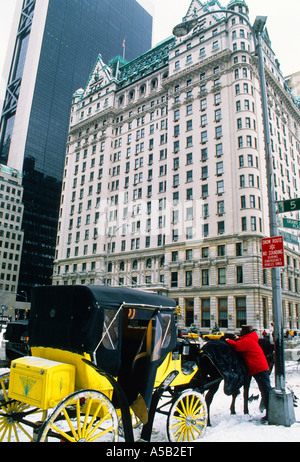 New York City Grand Army Plaza. Hotel Plaza. Carrozza gialla con hansom in una tempesta di neve. New York Central Park Conservancy USA Foto Stock