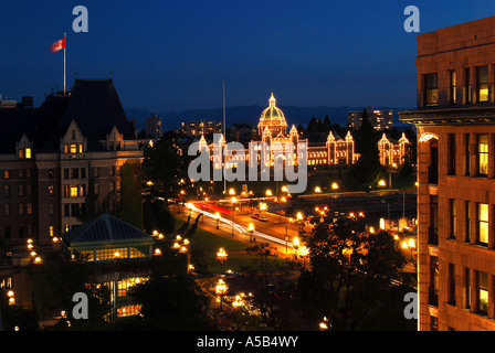 Vista notturna di Victoria's edifici legislativa, Canada. Foto Stock