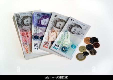 Tutti British banconote £5 £10, £20, £50 e monete DEL REGNO UNITO Foto Stock