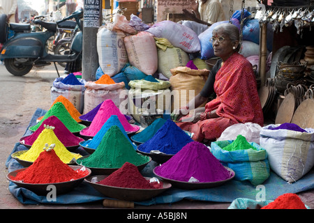 Donna indiana vendita di polvere colorata sulla strada. Andhra Pradesh, India Foto Stock