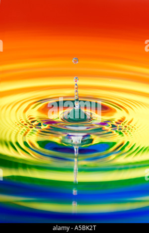 Rainbow goccia d'acqua e increspature. Acqua su una piastra specchio con riflessi color Foto Stock