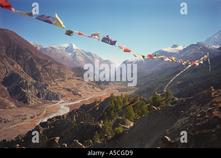 La preghiera buddista bandiere volare sopra Manang Nepal l'Annapurna circuito trekking Foto Stock