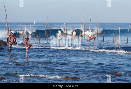 Stilt pescatori dello Sri Lanka a Weligama vicino a Galle Foto Stock