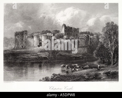 Chepstow Castle Gwent confine del Galles cymru fortezza medievale afon fiume Wye bovini tree rovina Monmouthshire UK Regno Unito GB Gr Foto Stock