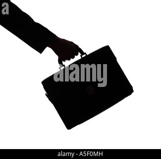 Isolato su bianco silhouette di man mano s con la valigia Foto Stock