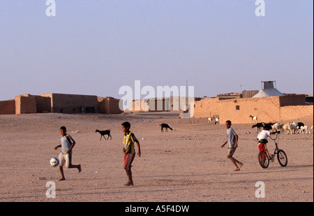 Bambini da Saharawi Refugee Camp a giocare a calcio in serata, Tindouf, in Algeria occidentale Foto Stock