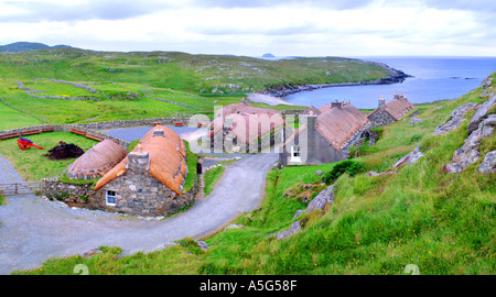 Villaggio Garenin case nero West Lewis Ebridi Esterne della Scozia UK Europa Foto Stock