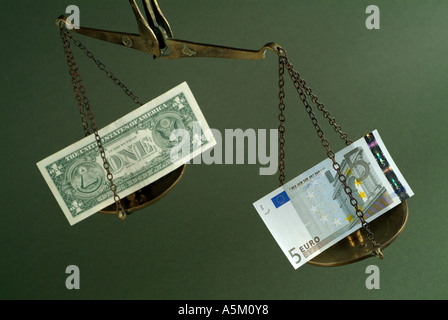 Scala con un peso di cinque euro contro di noi un dollaro banconote Foto Stock