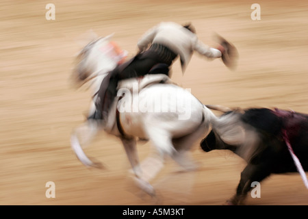 Torero cavallo ('rejoneador') è rivolta verso il toro durante 2005 Feria de San Isidro a Las Ventas, Madrid Foto Stock