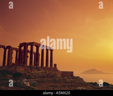 Tramonto al Tempio di Poseidone Sounion Grecia Foto Stock