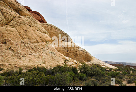 Scramble Rock. Due piccole figure di un uomo e di una donna arrampicate l imponente pendenza di una enorme roccia deserto al Red Rock Canyon Foto Stock