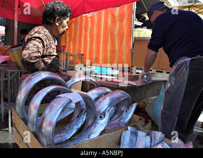 Sabre Shopping: Una vecchia donna negozi per pesce sciabola o Pesci sciabola Lepidopus caudatus arricciato in cerchi Foto Stock