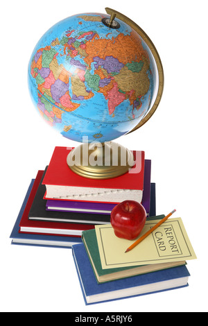 I libri di scuola, Globe, rosso apple, relazione carta e matita. Foto Stock