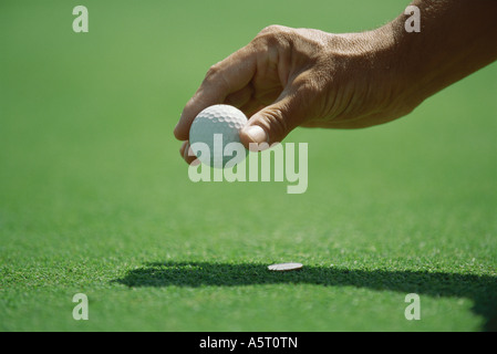 Il Golfer posizionando la pallina da golf sul tappeto erboso, close-up di mano Foto Stock