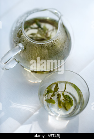 Il tè verde la macerazione in teiera e tazza Foto Stock