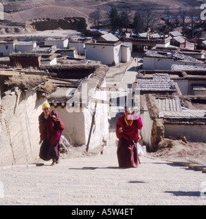 Due monaci nelle vesti di porpora salire molti scalini in pietra a Zhongdian monastero,altopiano Tibetano,nella provincia dello Yunnan,Cina. Foto Stock