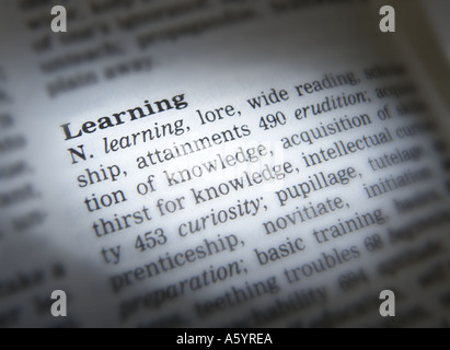 Il thesaurus di pagina che mostra la definizione di Apprendimento parole Foto Stock