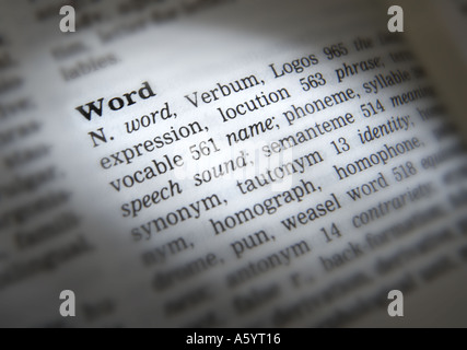 Il thesaurus di pagina che mostra la definizione della parola Foto Stock