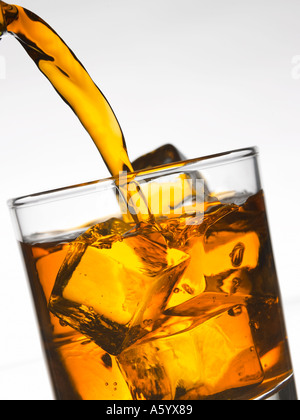 WHISKEY versando dal flacone su cubetti di ghiaccio nel bicchiere tumbler Foto Stock