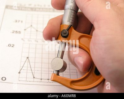 Micrometro (unità inglese) parte di misurazione con SPC grafico in background Foto Stock