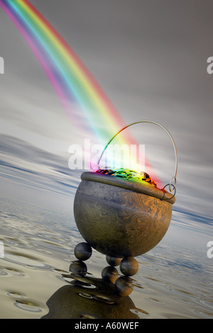 Pentola d'oro alla fine dell'arcobaleno Foto Stock