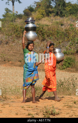 Gadaba donna tribale che trasportano pentole sul suo capo .Orissa India Foto Stock