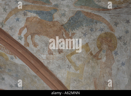 Püttlingen, Ortsteil Kölln, San Martino, Evangelische Chiesa Martinskirche, Chorfresko: San Hieronymus mit Stier Foto Stock