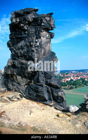 Close-up di formazione di roccia, i Muri del Diavolo, Blankenburg, Sassonia Anhalt, Germania Foto Stock