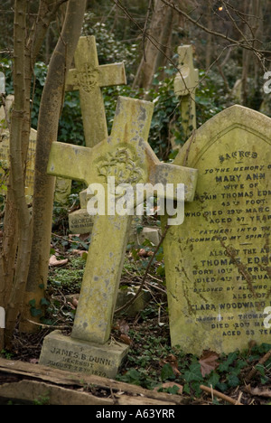 Vecchie lapidi ricoperta con piante presso il cimitero di Highgate, Londra Inghilterra REGNO UNITO Foto Stock