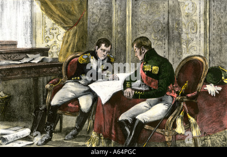 L'imperatore francese Napoleone e dello zar russo Alessandro I a discutere di un trattato di alleanza a Tilsit 1807. Colorate a mano la xilografia Foto Stock