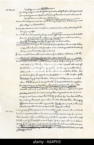 Progetto di dichiarazione di indipendenza nella scrittura di Thomas Jefferson pagina 3. Xilografia con un lavaggio ad acquerello Foto Stock