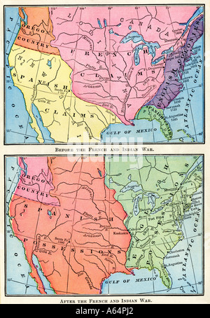 Mappe di North American britannico e spagnolo colonie francesi prima e dopo la guerra di indiano e francese 1700s. Litografia a colori Foto Stock