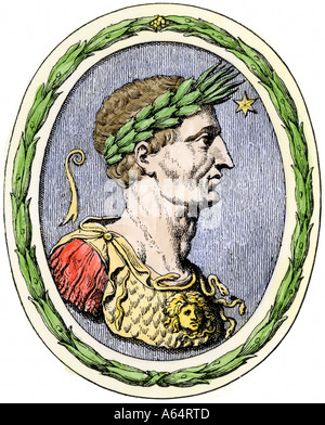 Julius Caesar coronato di alloro. Colorate a mano la xilografia Foto Stock