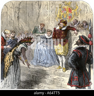 Pocahontas presentata al re Giacomo I con suo marito John Rolfe in Inghilterra. Colorate a mano la xilografia Foto Stock