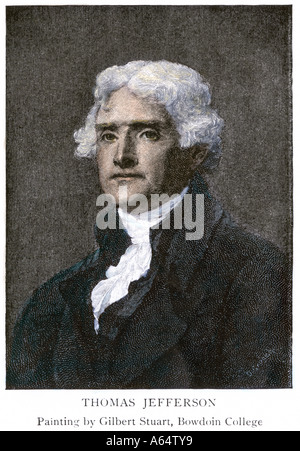 Thomas Jefferson. Colorate a mano la xilografia di Gilbert Stuart ritratto Foto Stock