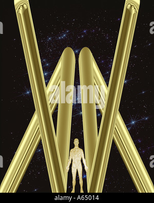 Figura in plastica di un uomo abbinato a un digital absraction Foto Stock