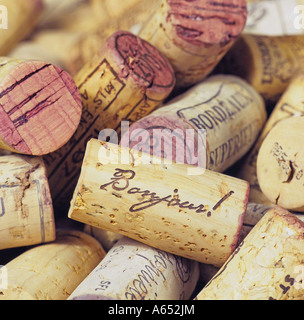 Bottiglia di vino i tappi di sughero, uno con un cordiale saluto da parte del produttore. Foto Stock