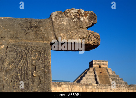 Testa di serpente scultura e El Castillo piramide rovine Maya, Chichen Itza, Yucatan, Messico Foto Stock