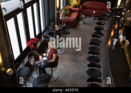 Detroit Michigan una giovane donna beve un martini da solo nella barra di centauro Foto Stock