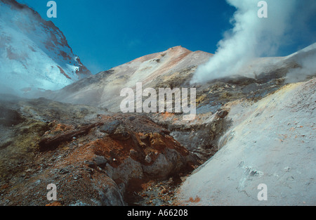 Zolfo rocce colorate e la terra intorno a una fumarola in giapponese nord isola di Hokkaido il Noboribetsu area vulcanica Foto Stock